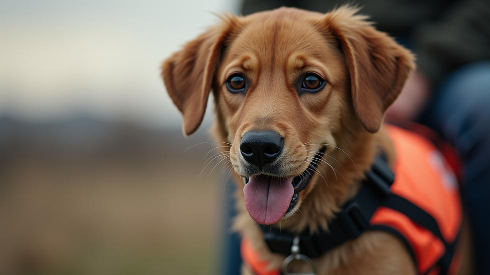 Close-up view of a brave dog wearing a rescue vest