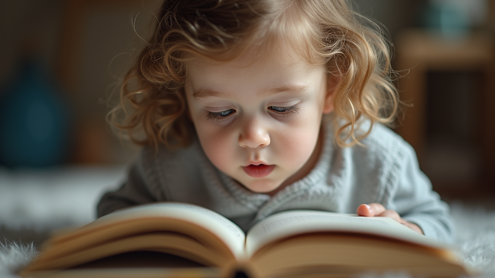 Eye-level view of a child reading a book about dogs