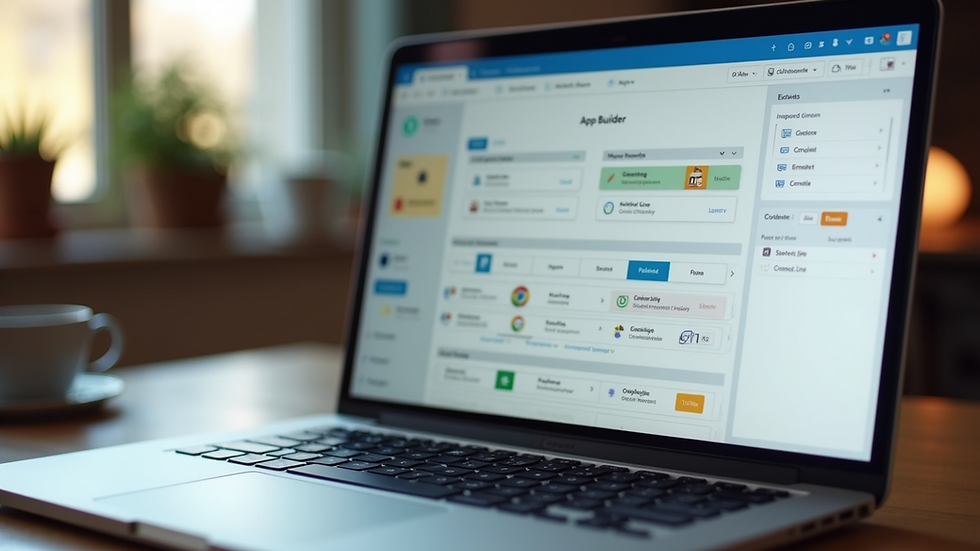 Eye-level view of a laptop screen showing a drag-and-drop app builder interface