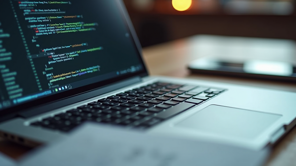 High angle view of a laptop with app development code and design sketches