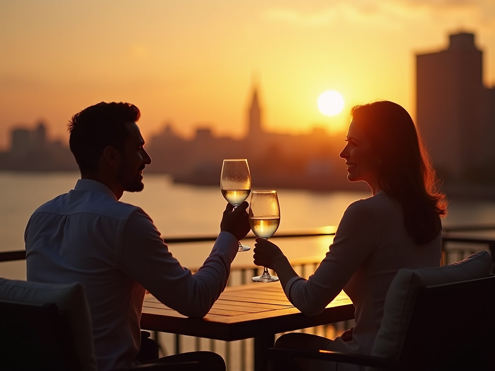 couple sipping wine at gold sunset boston luxury terrace