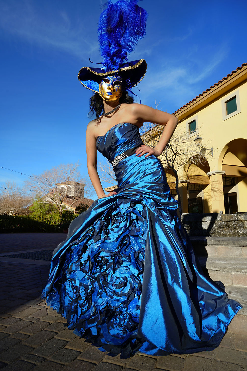 This royal blue crushed crepe fabric gown is fit for a queen. It is adorned with blue roses and is definately a show stopping piece