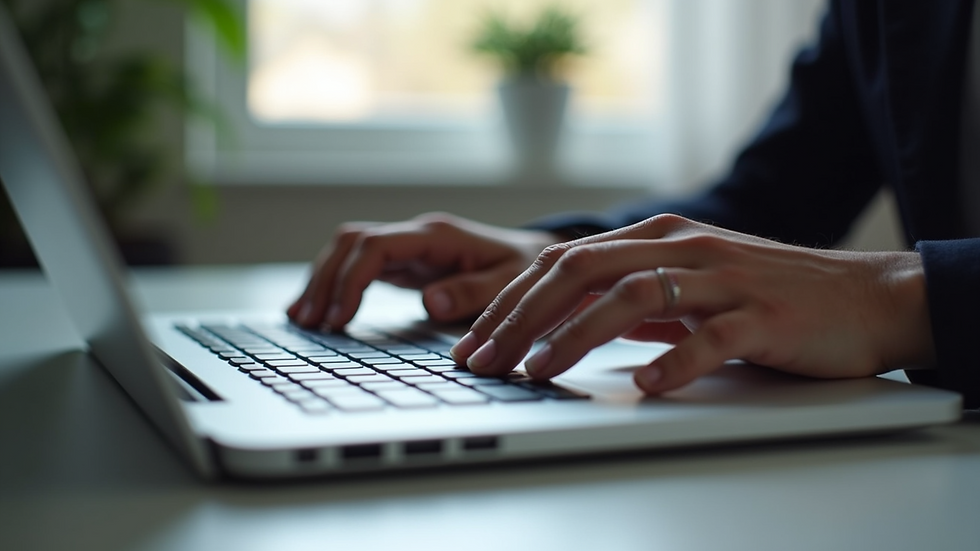 Eye level view of a person's hands typing on a laptop