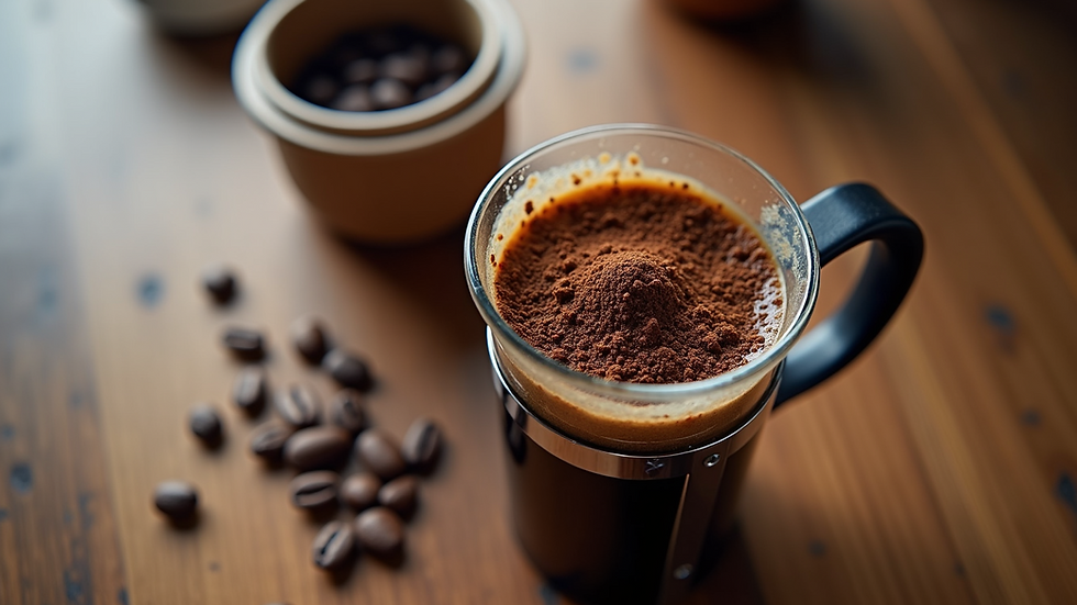 High angle view of a French press coffee brewing with fresh ground coffee