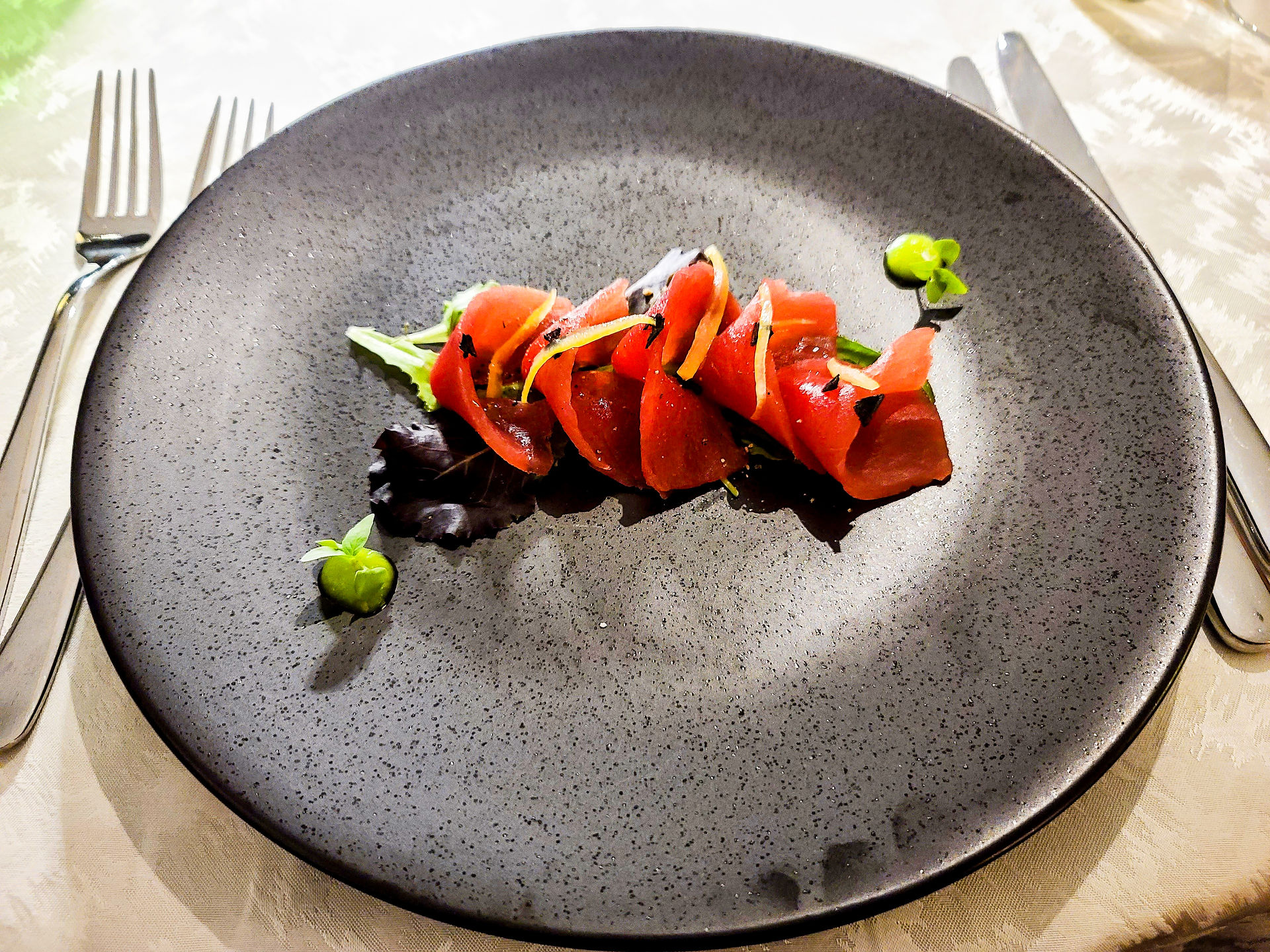 Carpaccio for dinner during the Michelin rated meal at Gredic Hotel Slovenia. Luxury Hotel. Castle retreat. Best travel blog. Best hotel review. Luxury blog. Luxury hotels. Five star hotels. Unique hotels. 