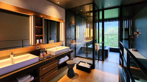 Bathroom in the suite room at the Hoshinoya Guguan luxury hotel in Taiwan, best hotel in the world, best travel blog, luxury travel blog, five star hotel.