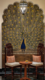 Peacock wall painting at Oberoi Vanyavilas hotel in Ranthambore, India, on Elegant Escape, the best luxury Travel Blog.