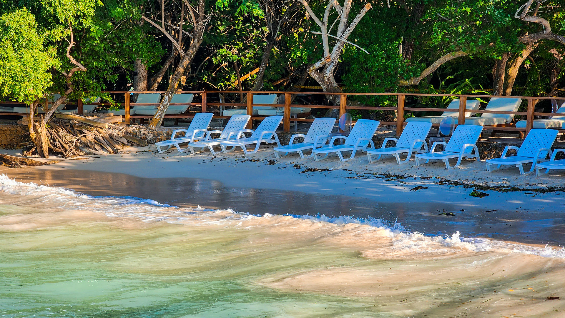 Loungers at the beach at Las Islas Baru, Rosario Islands, Cartagena, Colombia, Luxury hotel, luxury resort, luxury blog, travel blog, hotel review.