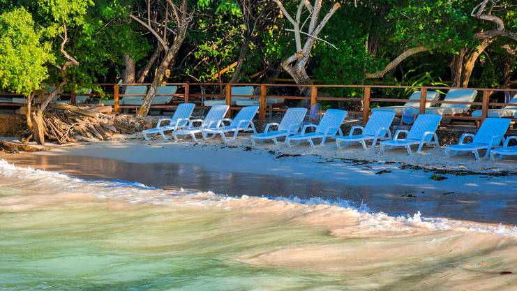 Loungers at the beach at Las Islas Baru, Rosario Islands, Cartagena, Colombia, Luxury hotel, luxury resort, luxury blog, travel blog, hotel review.