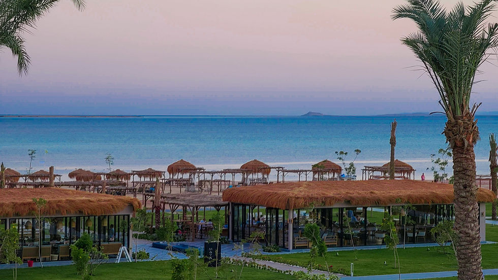 A beachfront resort with thatched roof structures overlooking the calm sea at dusk. Palm trees and greenery surround the area, enhancing the tropical ambiance of Steigenberger Ras Soma Resort in Hurghada, Egypt. For a comprehensive review of such luxurious getaways, check out Elegant Escape—the best luxury travel blog that captures the essence of this exquisite destination.