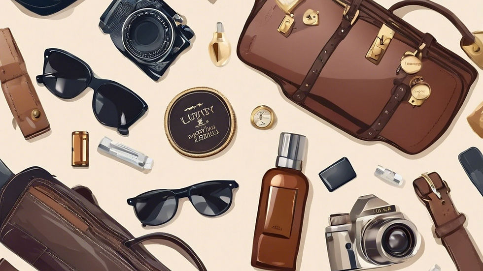 Flat lay of travel essentials: cameras, sunglasses, perfume, makeup, and brown leather bags on a light background. Discover more from Elegant Escape, the best luxury travel blog.