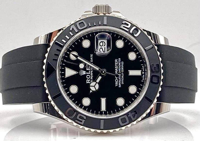 THE OYSTER PERPETUAL YACHT-MASTER 42 IN 18 CT WHITE GOLD WITH A BLACK DIAL AND AN OYSTERFL