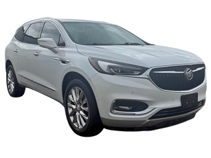 White 2018 Buick Enclave Platinum AWD SUV parked at Dayton Premier Auto dealership featuring 3rd row seating, leather interior, and premium wheels.