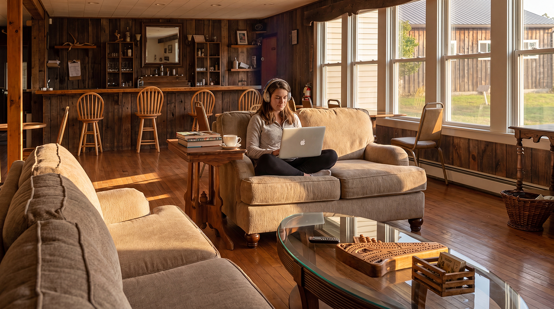 Guest relaxing with a laptop in the warm wood-paneled shared lounge at Lake Shore Farm Inn.