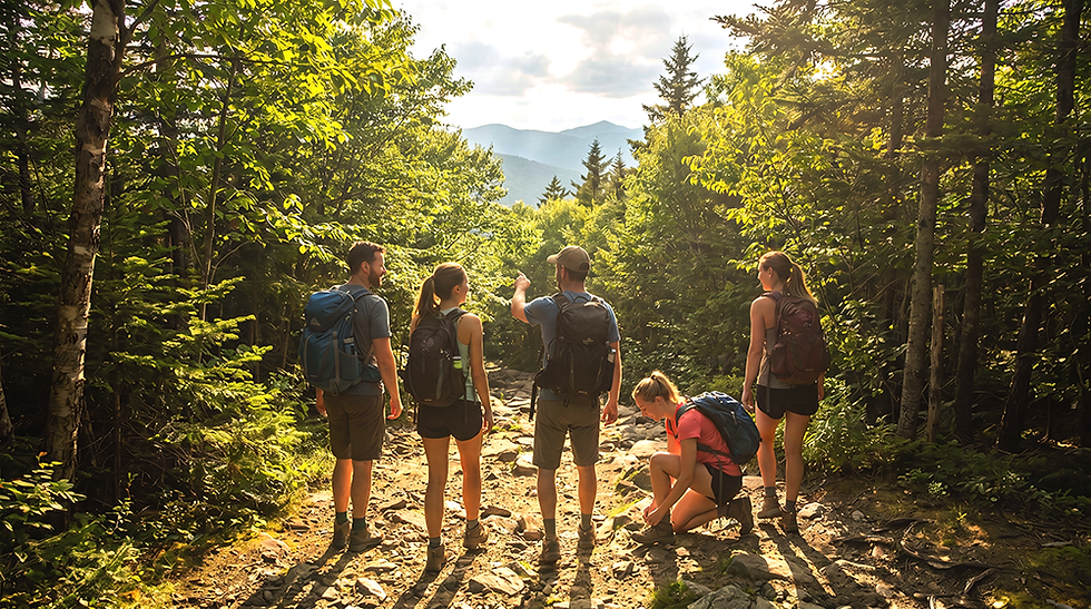 Hikers on a forest trail in New Hampshire, representing outdoor recreation near Lake Shore Farm Inn in Northwood, NH.