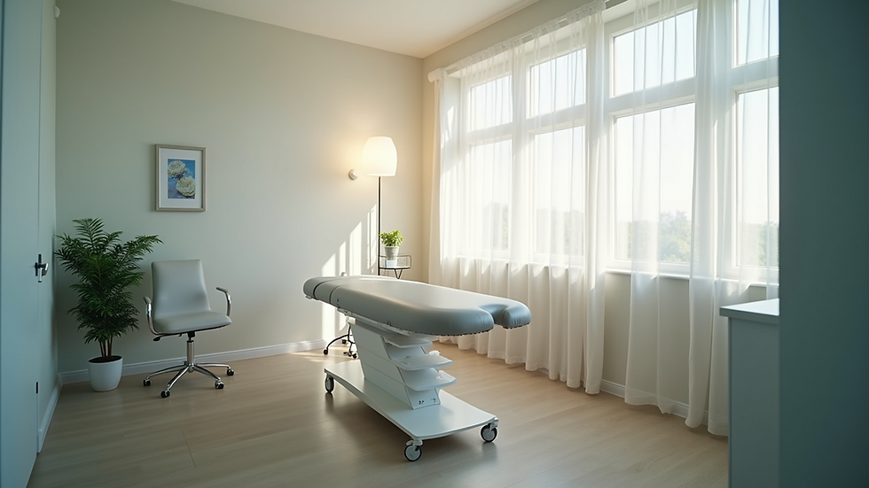 High angle view of a chiropractic clinic room with treatment table and equipment