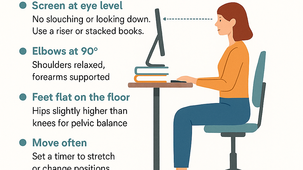 Infographic showing ergonomic tips for remote workers: screen at eye level, elbows at 90°, feet flat. Promotes correct posture.