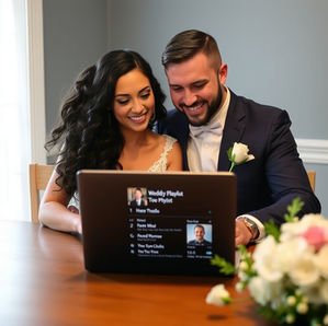 Couple reviewing an AI-generated wedding playlist on a laptop in Charleston
