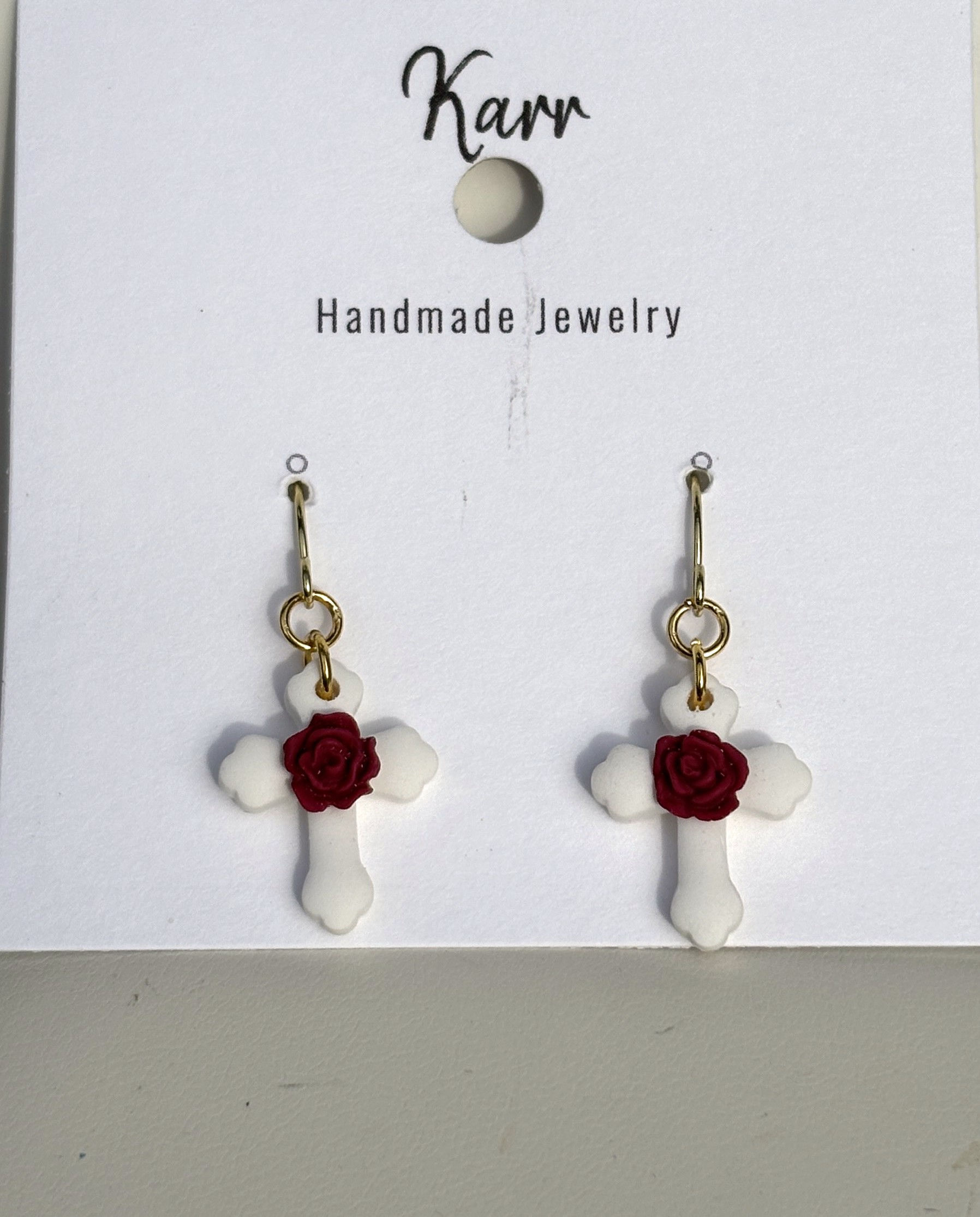 White Cross with Center Red Rose Earrings