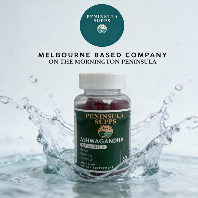 Peninsula Supps Ashwagandha Gummies bottle with water splash