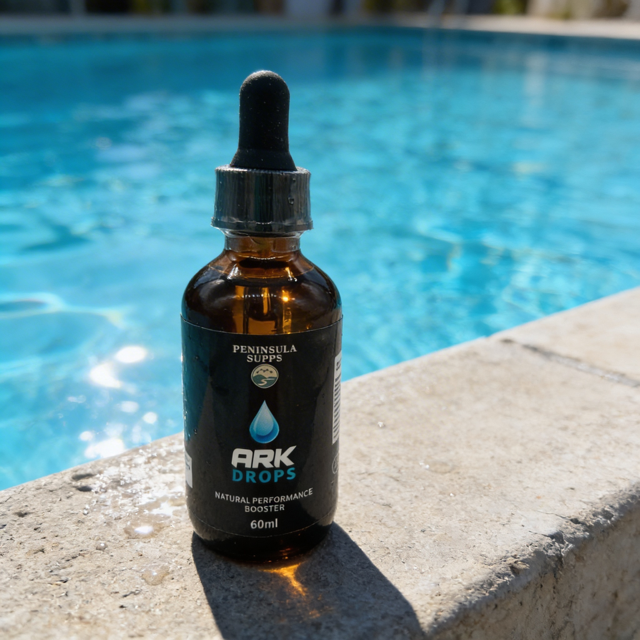 ARK DROPS bottle on a pool edge