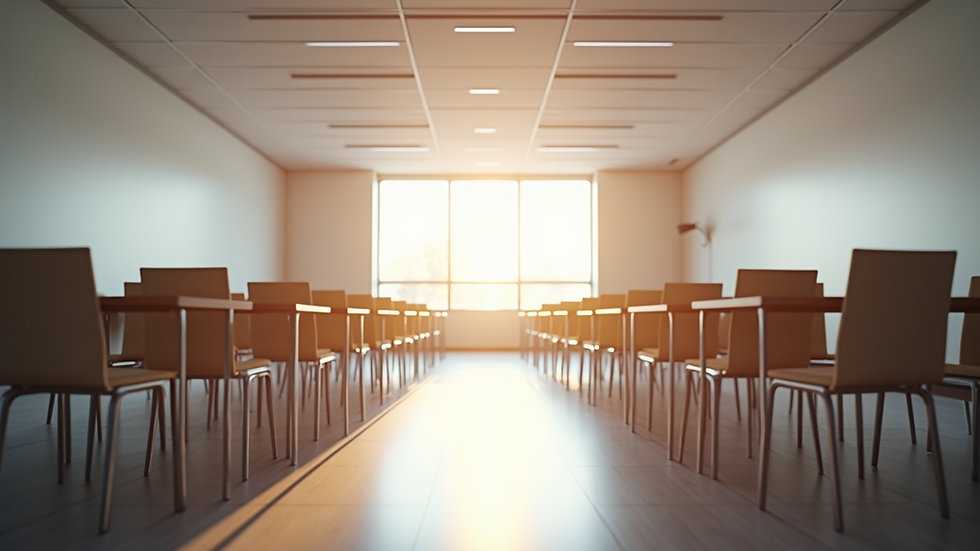Eye-level view of a bright conference room set up for a team-building workshop