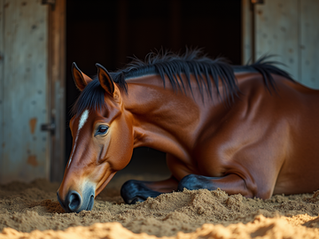 A bay horse laying in its stall