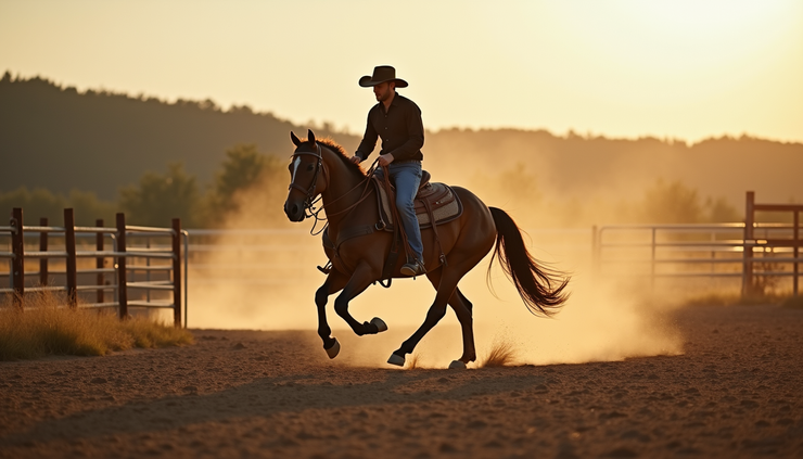Eye-level view of a rider guiding a horse through a ranch trail obstacle course