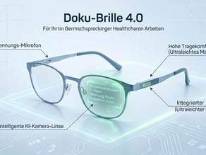 Technische Grafik der Doku-Brille 4.0 mit Markierungen für Mikrofon und KI-Linse