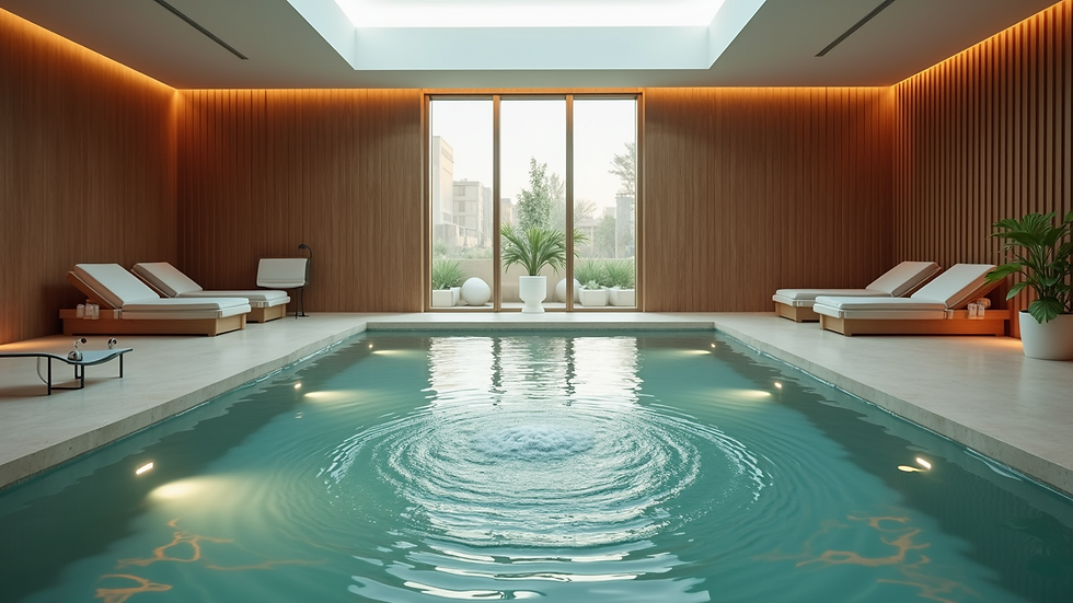 High angle view of a calm water fountain in a wellness center