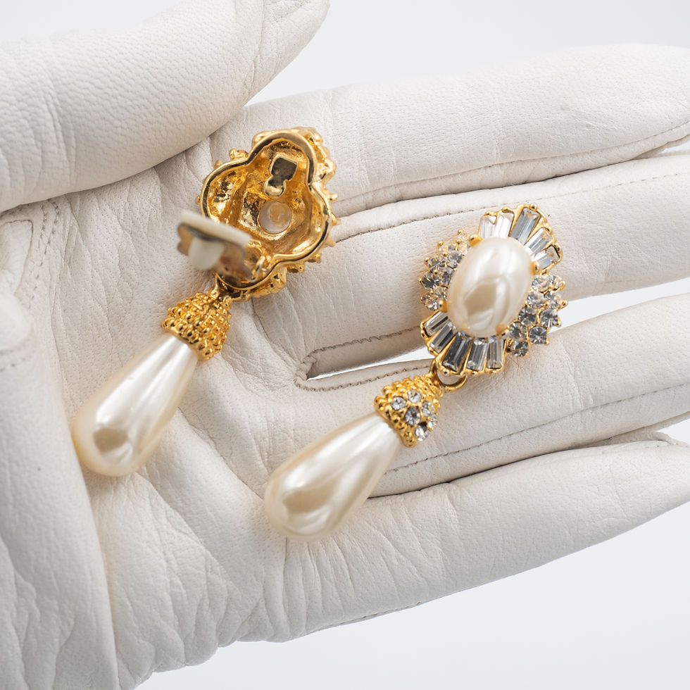 Thumbnail: Vintage clip on earrings with crystals & faux pearls
