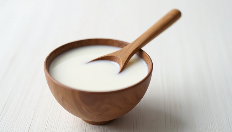 High angle view of a bowl of coconut milk with a wooden spoon
