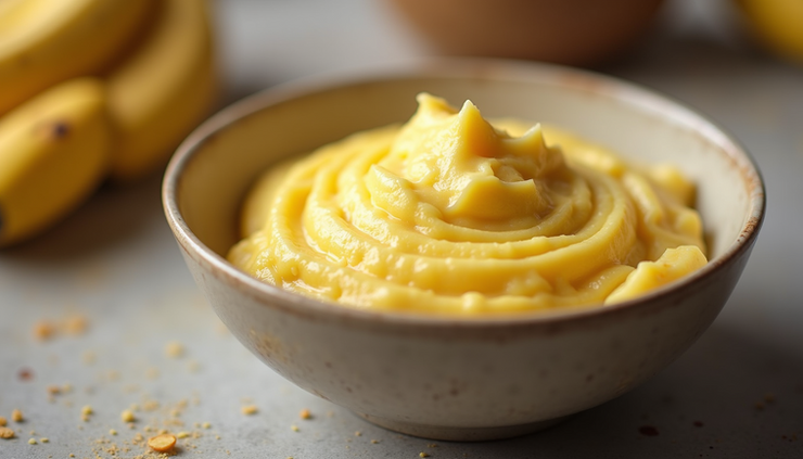Eye-level view of a bowl with mashed banana ready to be used as egg substitute