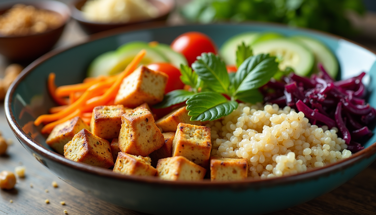 Eye-level view of a colorful vegan Buddha bowl with tofu, quinoa, and vegetables