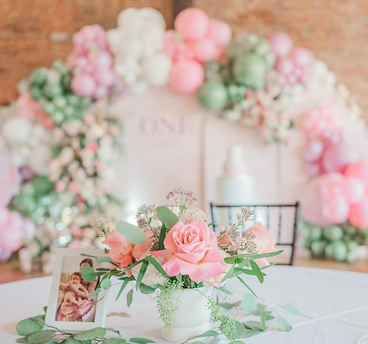 Pink,green and white balloon garland feature backdrop for a girl's birthday party in Raleigh