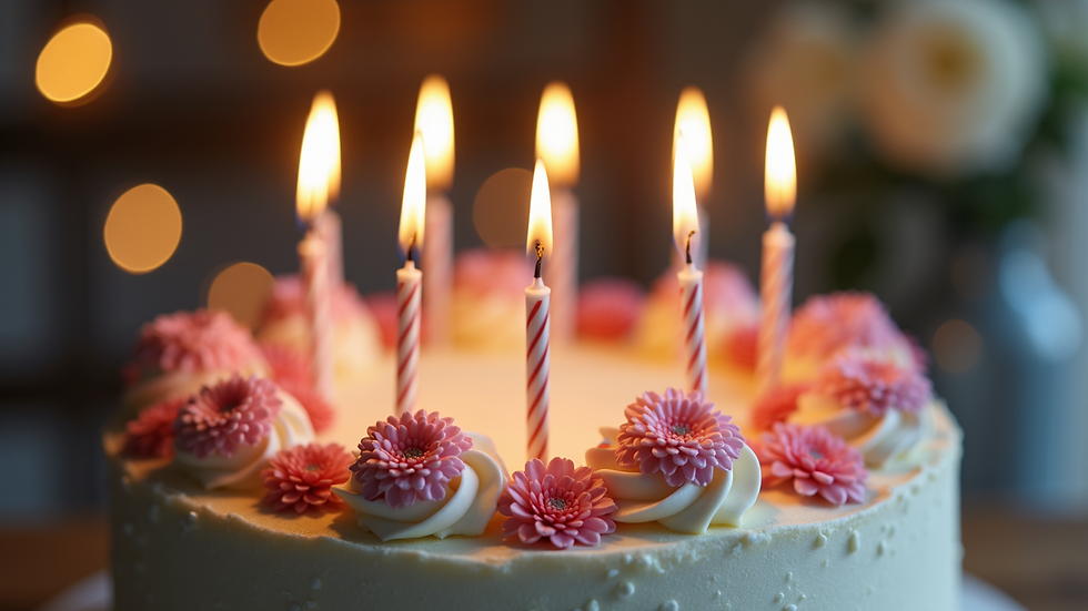 Close-up of a birthday cake with candles and floral decorations