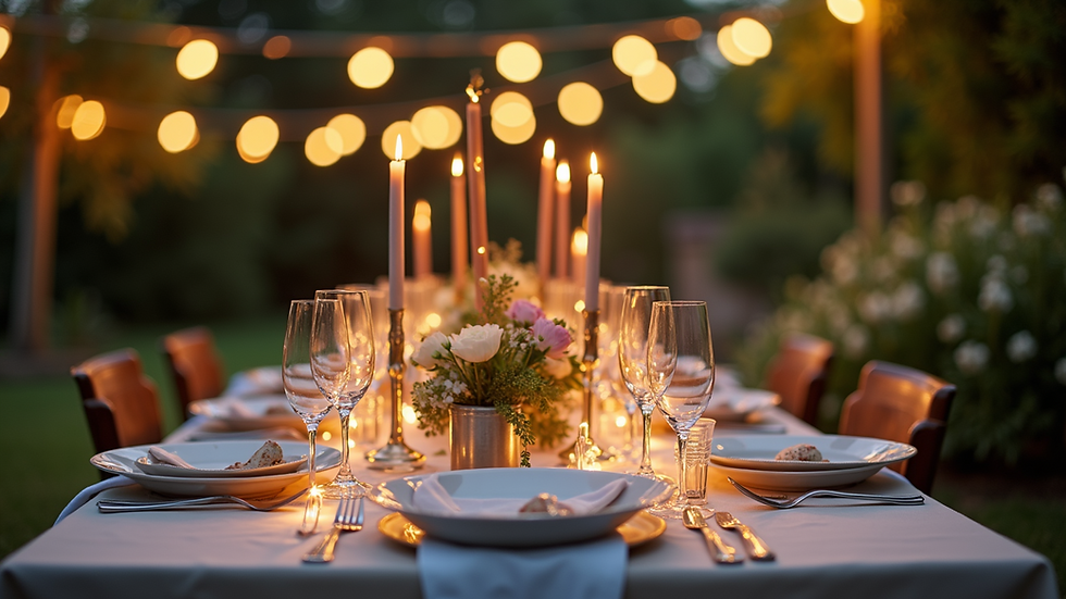 Eye-level view of a beautifully decorated garden party table with fairy lights