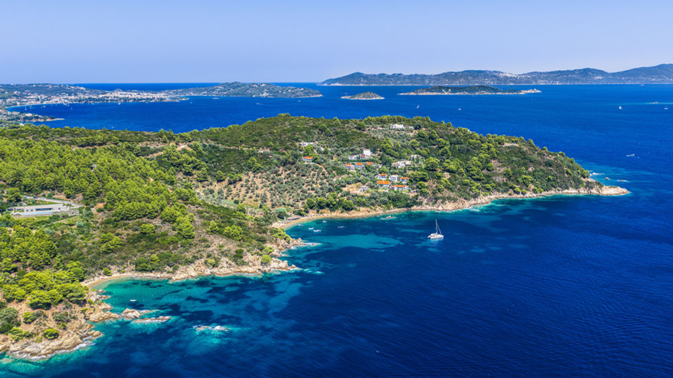 Aerial view of a vibrant island of Skiathos.