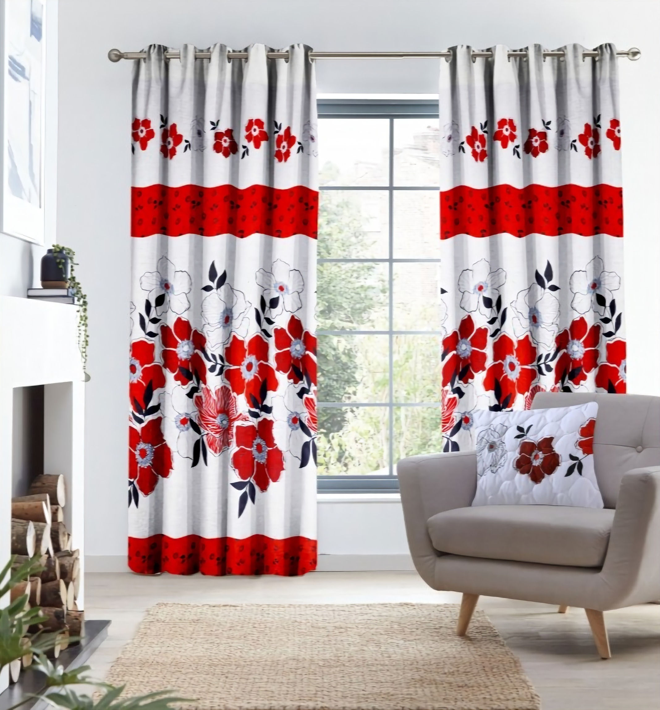 Red "Manna" design curtains hanging in front of window