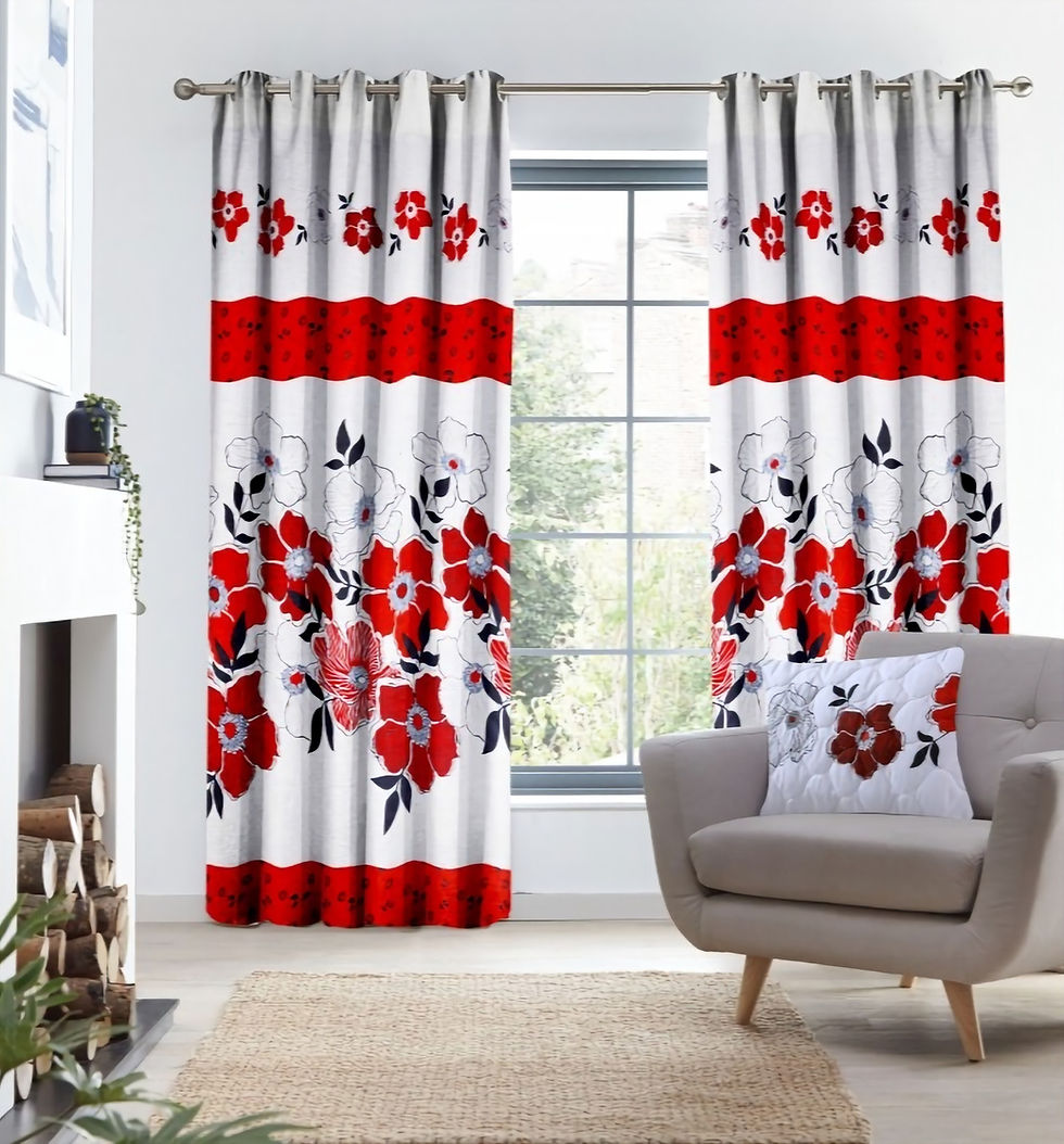 Red "Manna" design curtains hanging in front of window