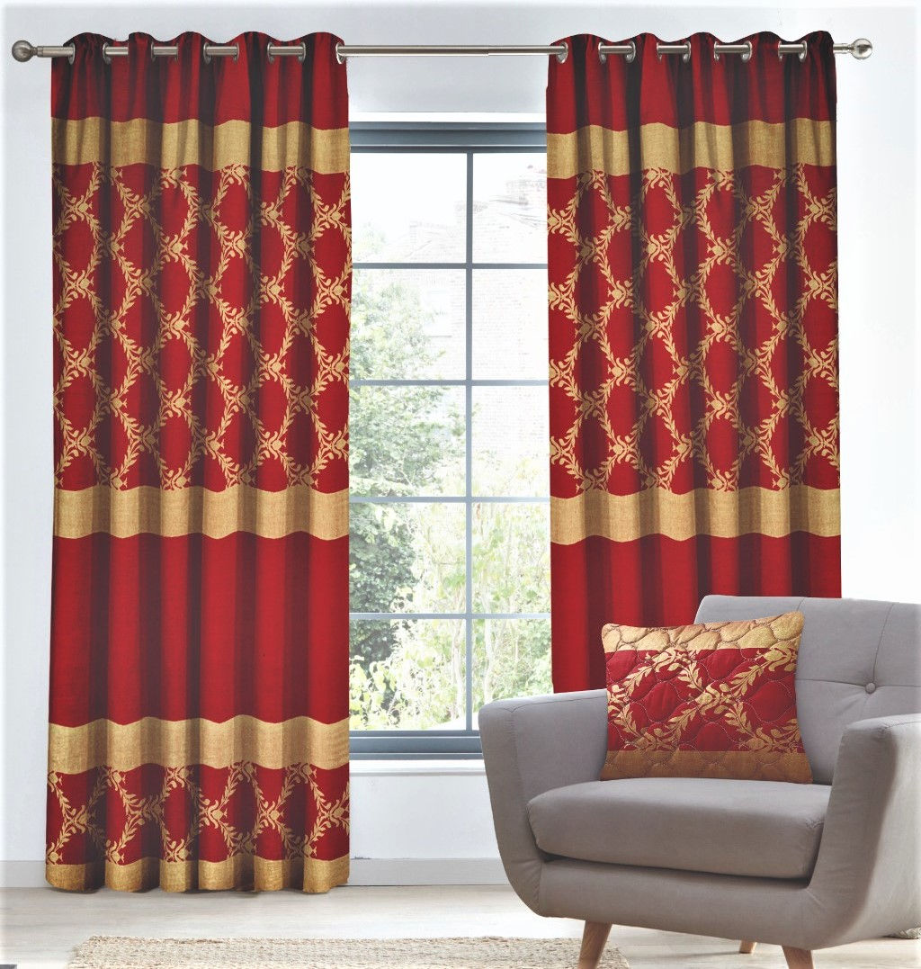 Red and Gold "Glamour" Cushion cover shown with matching curtain