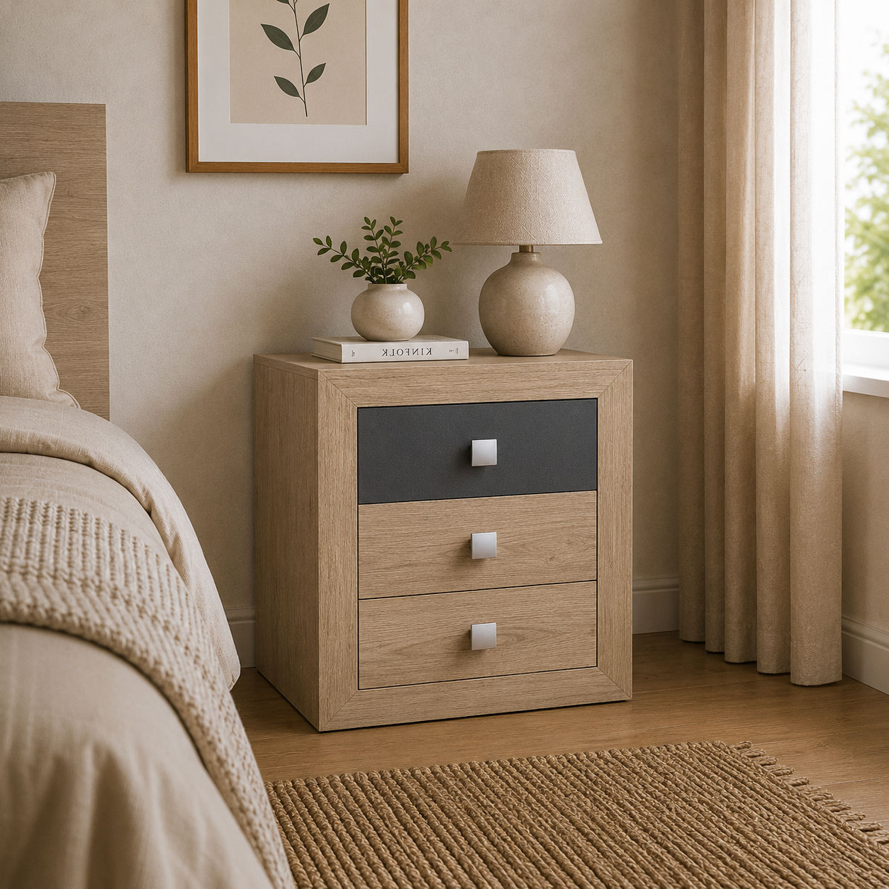 SUIZA 3-Drawer Bedside Cabinet (Oak & Dark Grey)