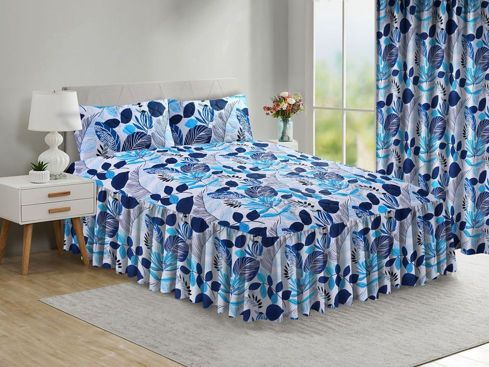 Blue "Leaves" Fitted Bedspread on bed