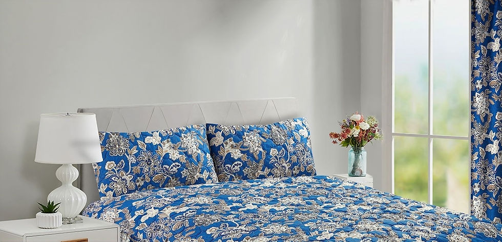 Blue "Madrid" Pillowsham on bed