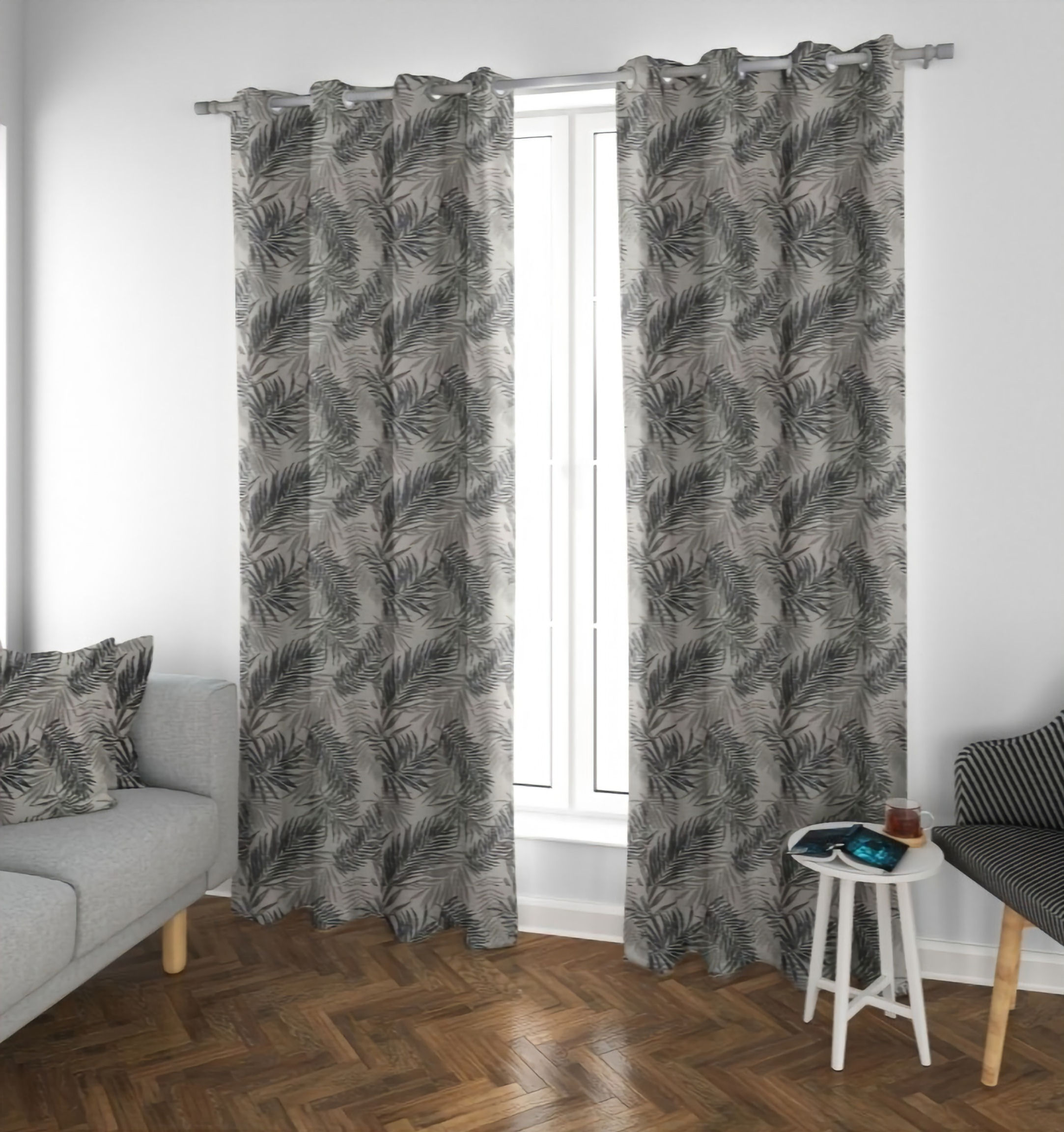 Black, Grey and Beige "Feather" curtains hanging in front of window