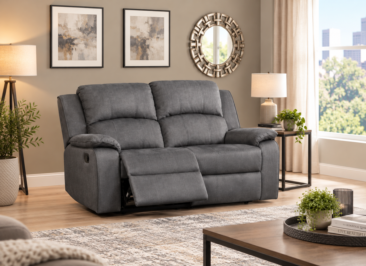 QUEST Fabric Manual Reclining 2-Seater Sofa (Grey)