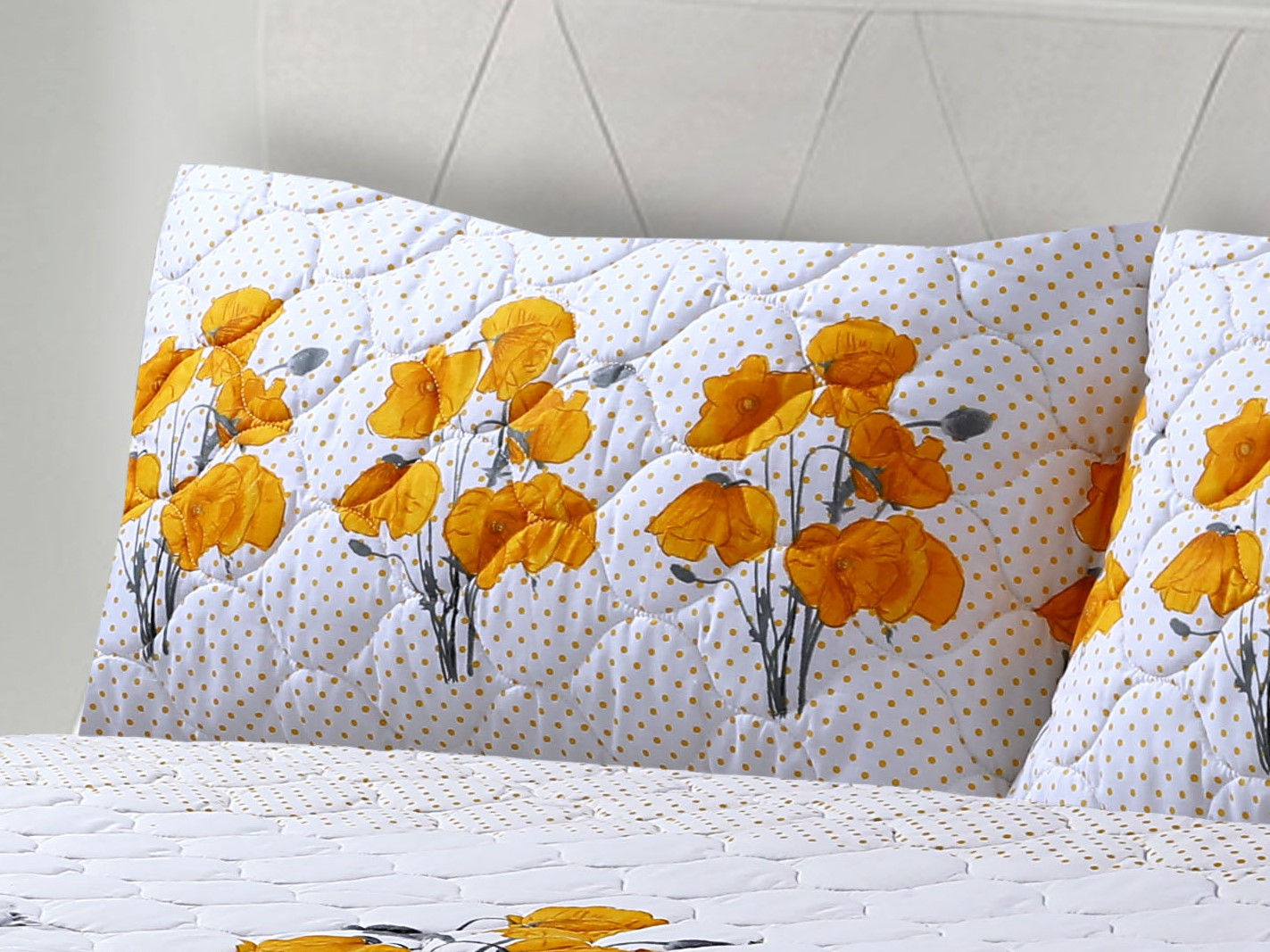 Mustard "Poppy" Pillowsham on bed
