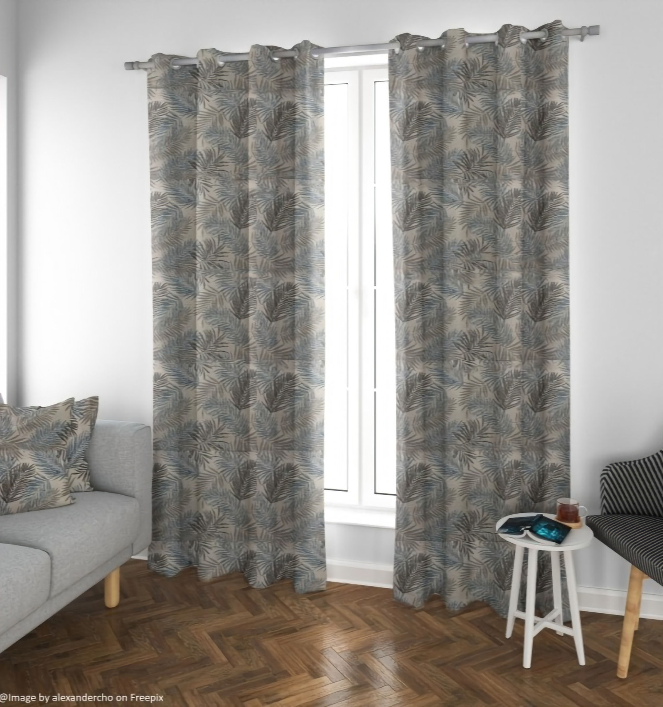 Dark Duck Egg "Feather" curtains hanging in front of window