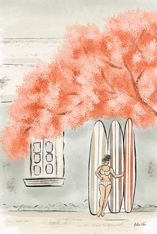a surfer girl with surfboards, under the blossom tree