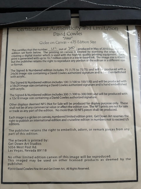 Thumbnail: Document for Jimi Hendrix Portrait by David Cowles Limited Edition 151/300